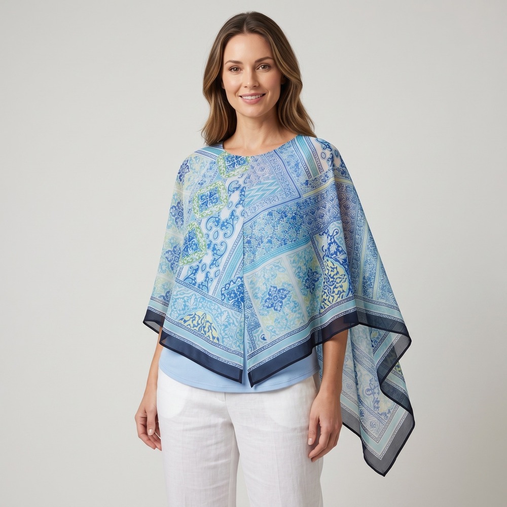 Ideology Top Women's Large Blue Scarf Print Layered Poncho Activewear 6620-0524